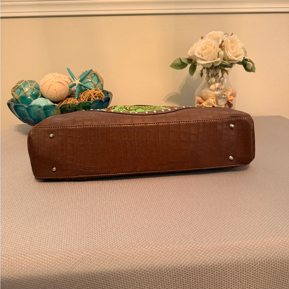 Fleur-De-Lis Brown & Lime Green Women's Handbag - Picture 3 of 12